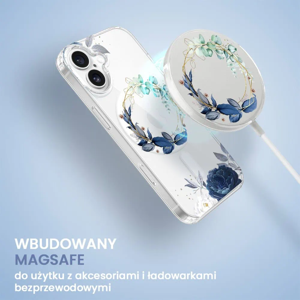 Etui do iPhone 16 Plus, Flower MagSafe, niebieskie kwiaty, przeźroczyste
