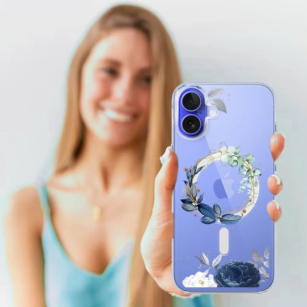 Etui do iPhone 16 Plus, Flower MagSafe, niebieskie kwiaty, przeźroczyste