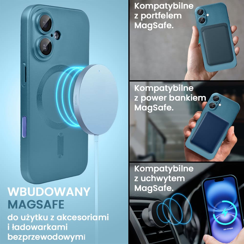 Etui do iPhone 16 z Magsafe, cienkie, metaliczne, z osłoną aparatu, granatowe