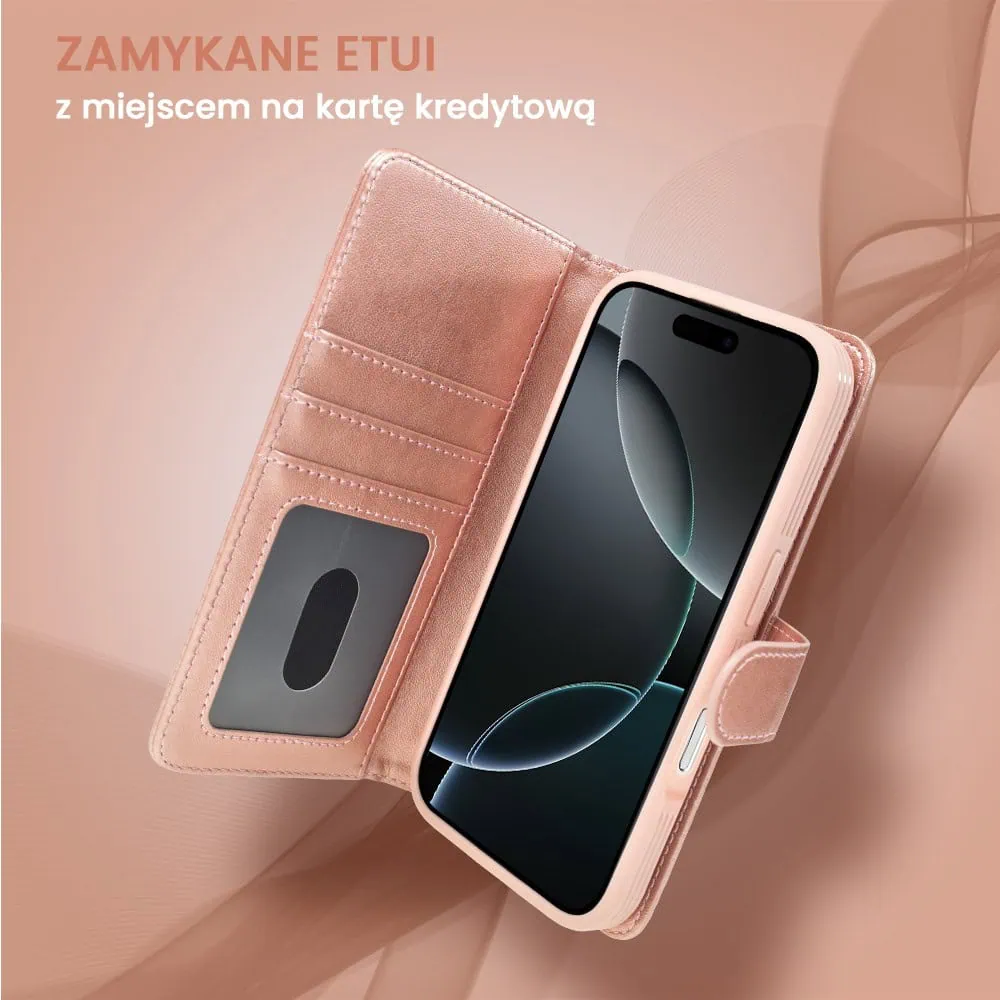 Etui do iPhone 16 Pro 3w1 Magsafe Double Book, zestaw etui oraz kabura z podstawką, różowe złoto
