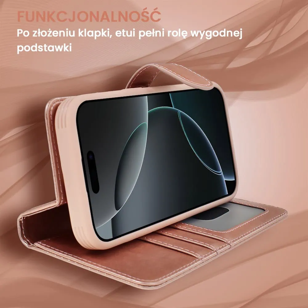 Etui do iPhone 16 Pro 3w1 Magsafe Double Book, zestaw etui oraz kabura z podstawką, różowe złoto