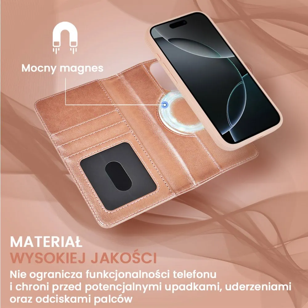 Etui do iPhone 16 Pro 3w1 Magsafe Double Book, zestaw etui oraz kabura z podstawką, różowe złoto