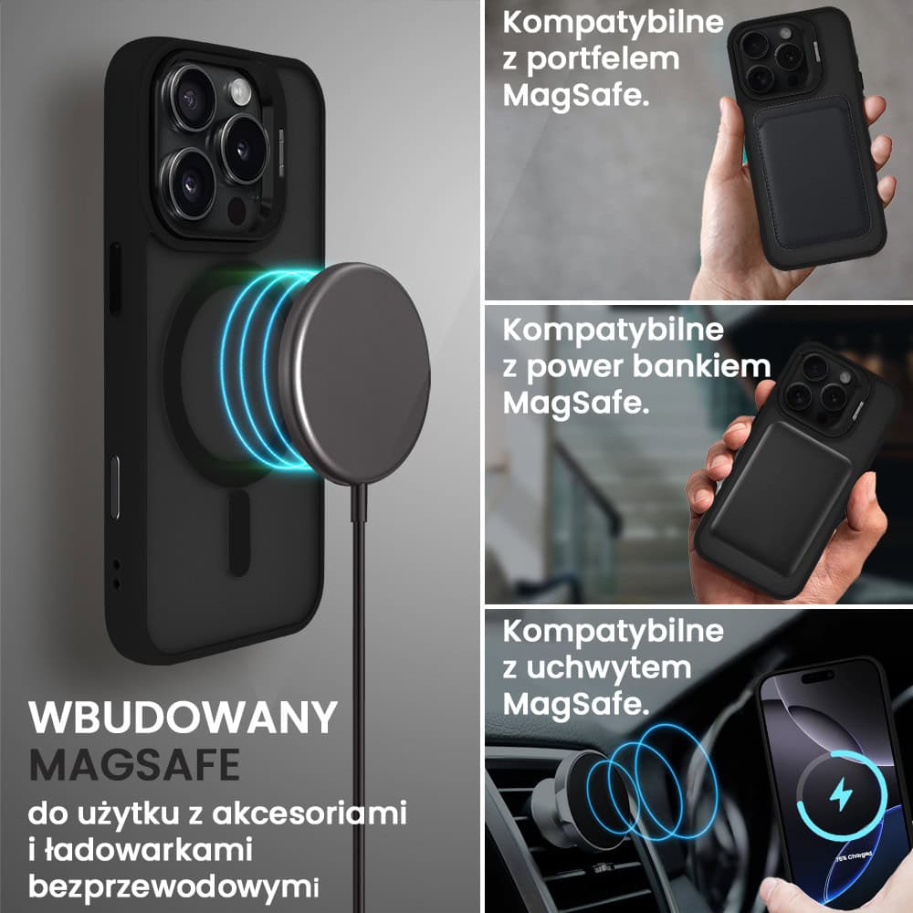 Etui do iPhone 16 Pro Max Arctic Stand, półprzeźroczyste, z osłoną aparatu i podstawką, czarne