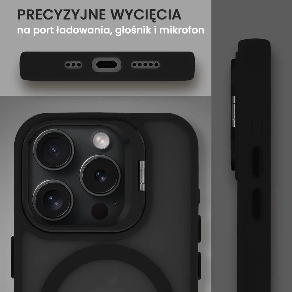 Etui do iPhone 16 Pro Max Arctic Stand, półprzeźroczyste, z osłoną aparatu i podstawką, czarne