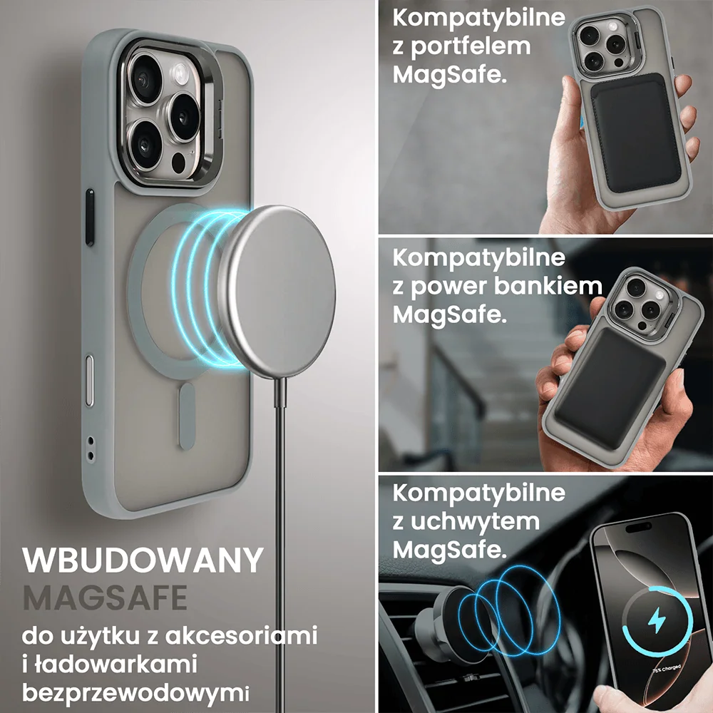 Etui do iPhone 16 Pro Arctic Stand, półprzeźroczyste, z osłoną aparatu i podstawką, tytanowe