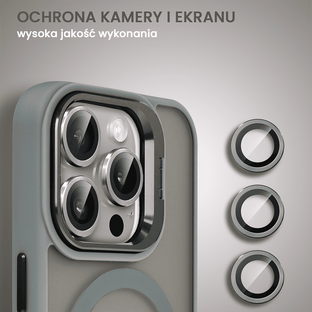 Etui do iPhone 16 Pro Arctic Stand, półprzeźroczyste, z osłoną aparatu i podstawką, tytanowe