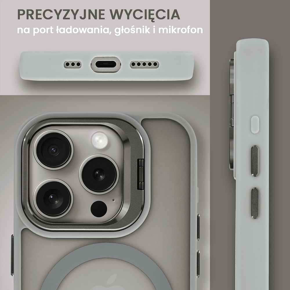 Etui do iPhone 16 Pro Arctic Stand, półprzeźroczyste, z osłoną aparatu i podstawką, tytanowe