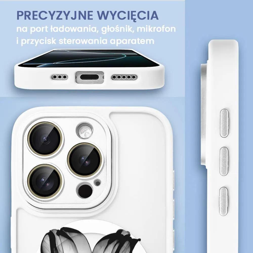 Etui do iPhone 16 Pro Color Flush z Magsafe, z osłoną aparatu, z nadrukiem czarny kwiat, białe