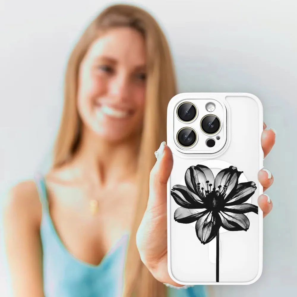 Etui do iPhone 16 Pro Color Flush z Magsafe, z osłoną aparatu, z nadrukiem czarny kwiat, białe