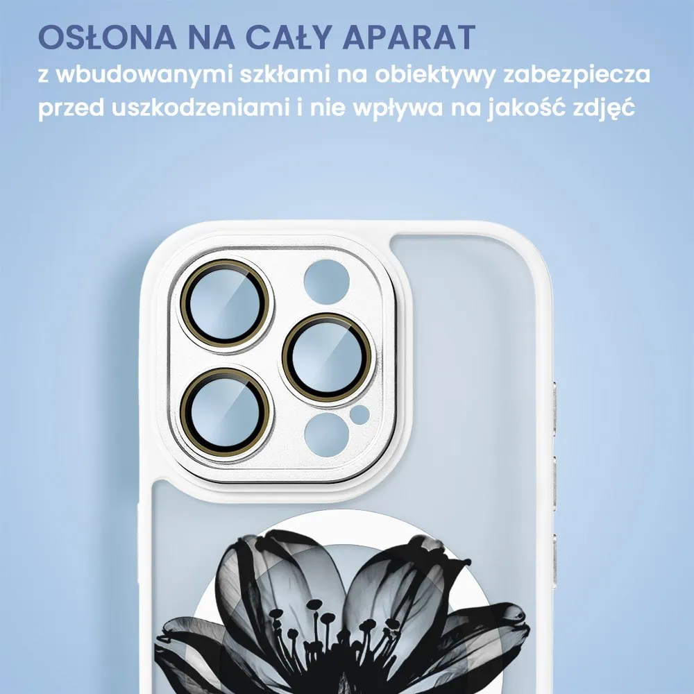 Etui do iPhone 16 Pro Color Flush z Magsafe, z osłoną aparatu, z nadrukiem czarny kwiat, białe