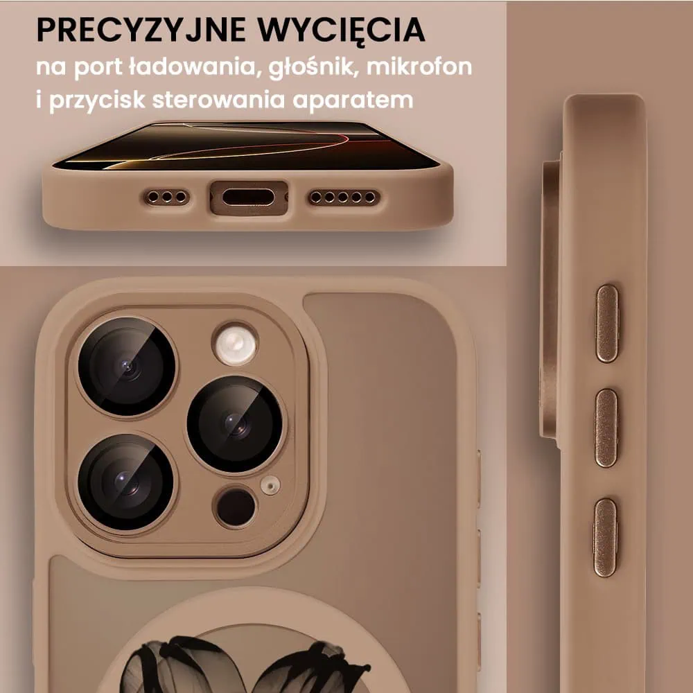 Etui do iPhone 16 Pro Color Flush z Magsafe, z osłoną aparatu, z nadrukiem czarny kwiat, pustynny brąz