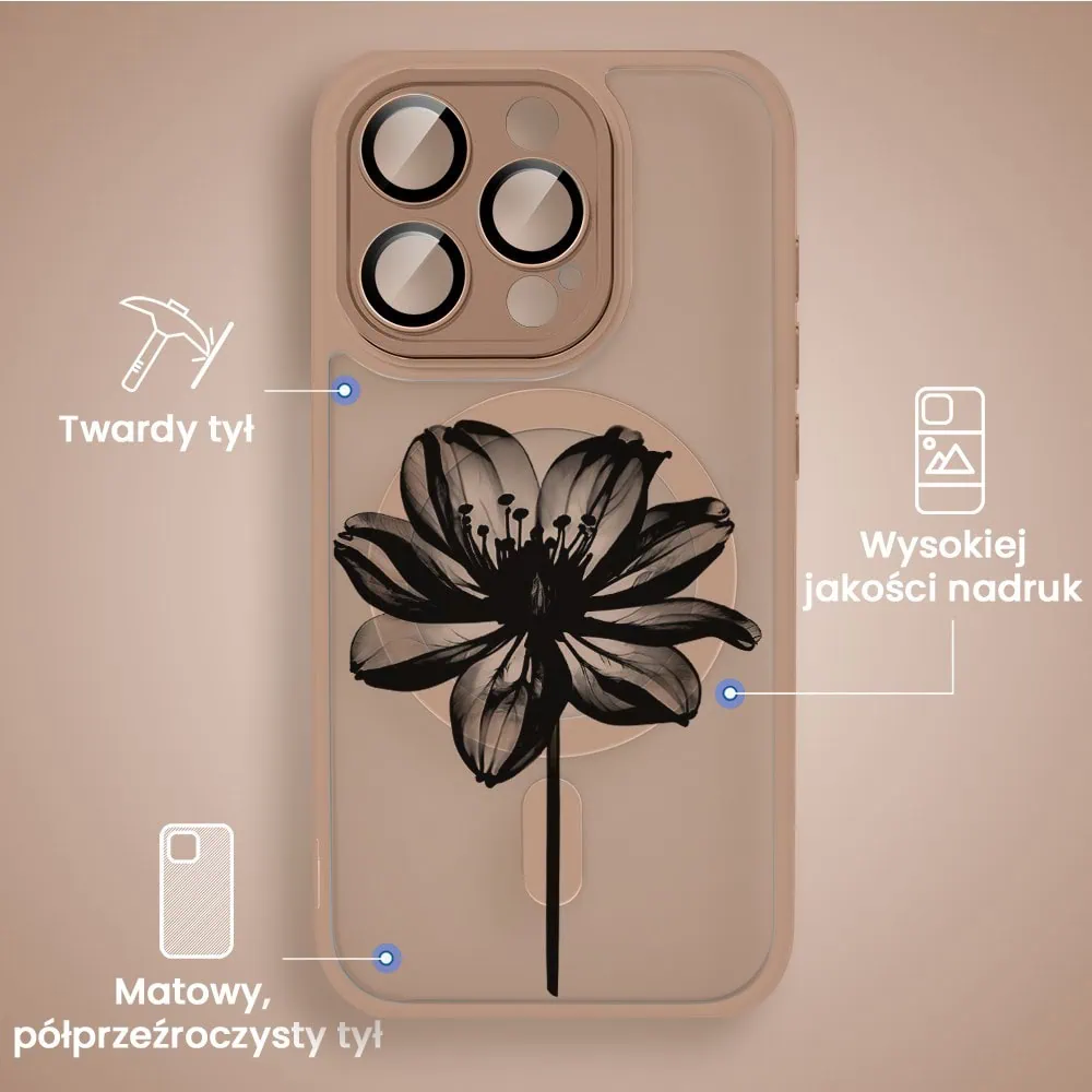 Etui do iPhone 16 Pro Color Flush z Magsafe, z osłoną aparatu, z nadrukiem czarny kwiat, pustynny brąz