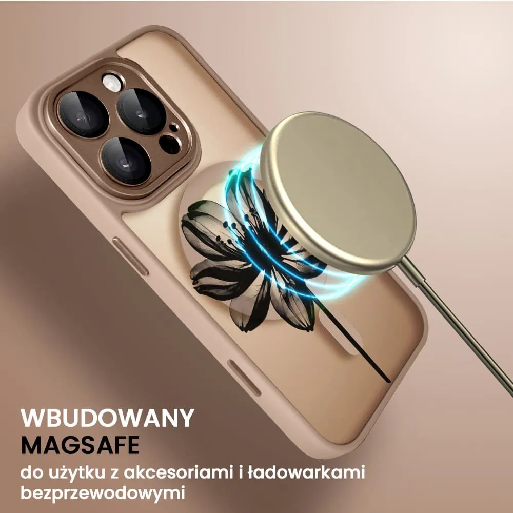Etui do iPhone 16 Pro Color Flush z Magsafe, z osłoną aparatu, z nadrukiem czarny kwiat, pustynny brąz