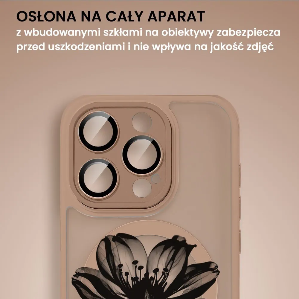 Etui do iPhone 16 Pro Color Flush z Magsafe, z osłoną aparatu, z nadrukiem czarny kwiat, pustynny brąz