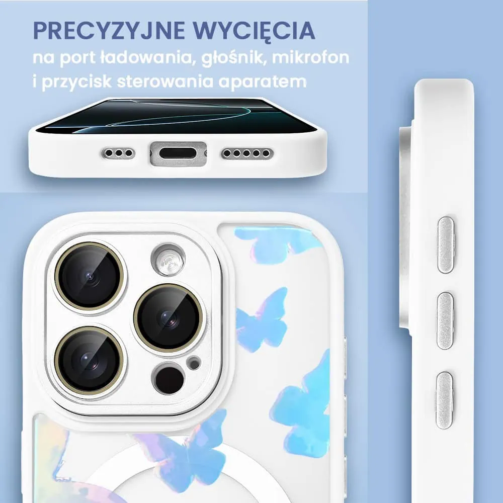 Etui do iPhone 16 Pro Color Flush z Magsafe, z osłoną aparatu, z opalizującym nadrukiem motylki, niebieskie