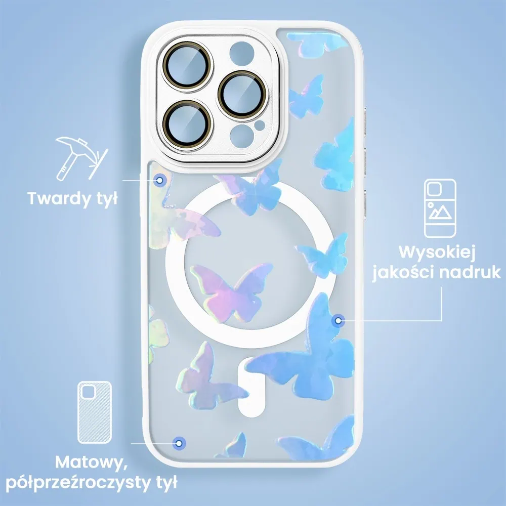 Etui do iPhone 16 Pro Color Flush z Magsafe, z osłoną aparatu, z opalizującym nadrukiem motylki, niebieskie