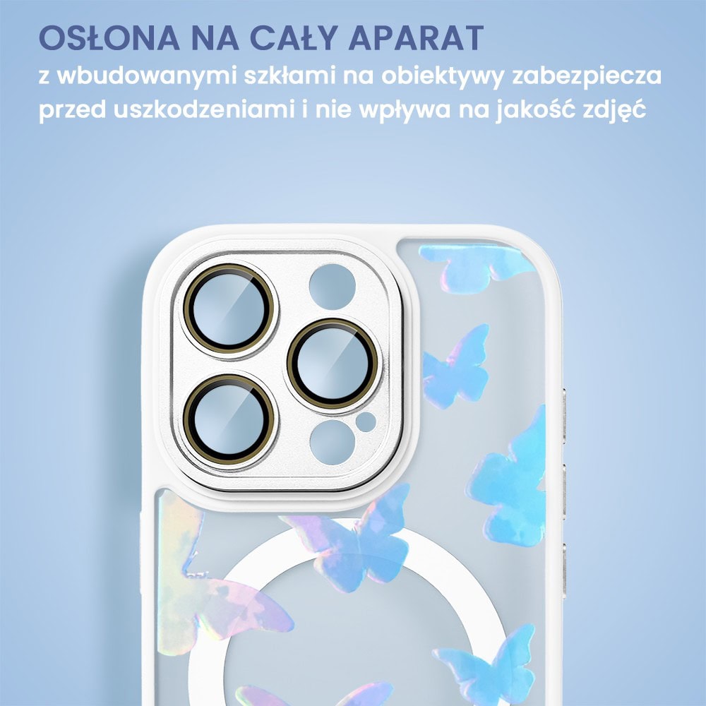 Etui do iPhone 16 Pro Color Flush z Magsafe, z osłoną aparatu, z opalizującym nadrukiem motylki, niebieskie