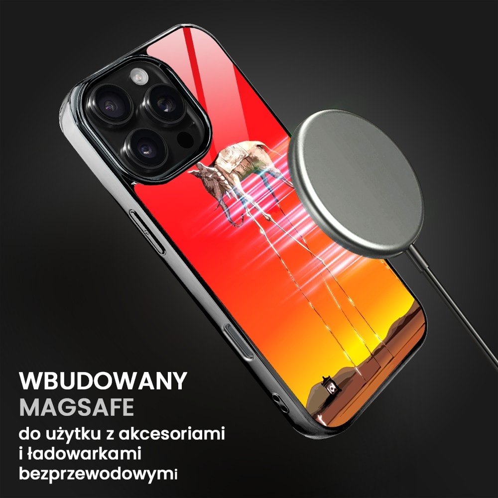 Etui do iPhone 16 Pro, Elite Glass z MagSafe, Salvador Dali, słoń, czarne