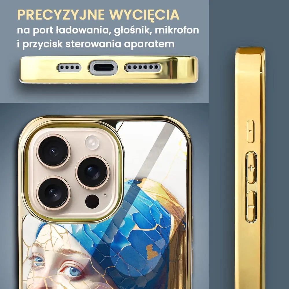 Etui do iPhone 16 Pro Max, Elite Glass z MagSafe, Kintsugi Art, kobieta z perłą, złote