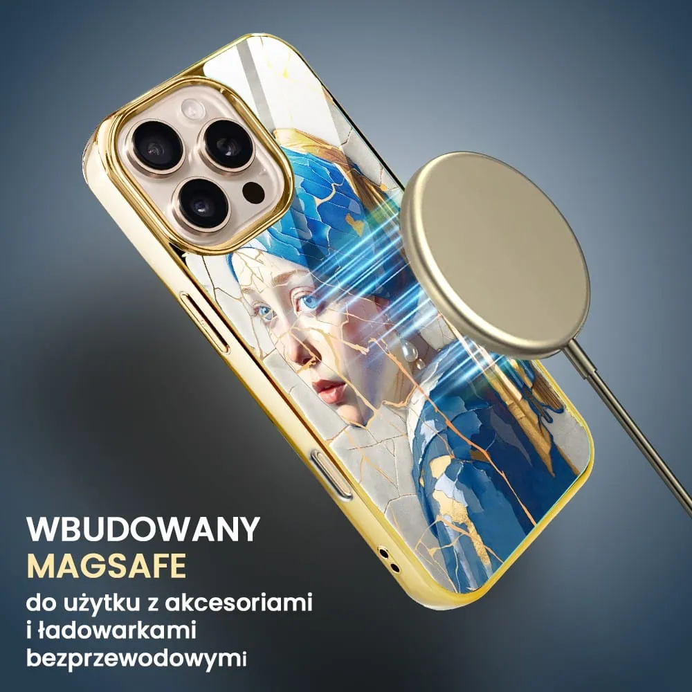 Etui do iPhone 16 Pro Max, Elite Glass z MagSafe, Kintsugi Art, kobieta z perłą, złote