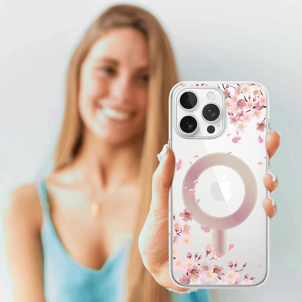 Etui do iPhone 16 Pro, Flower MagSafe, kwiat wiśni, przeźroczyste