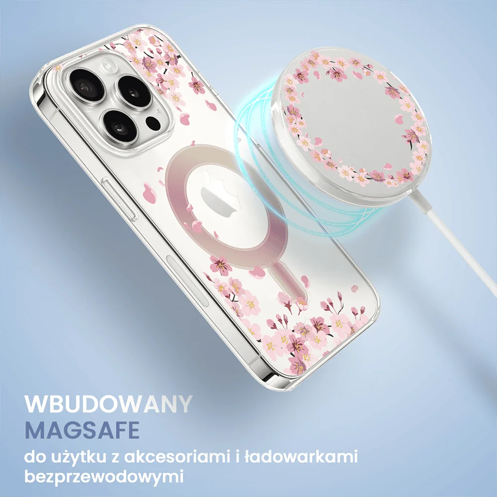 Etui do iPhone 16 Pro, Flower MagSafe, kwiat wiśni, przeźroczyste