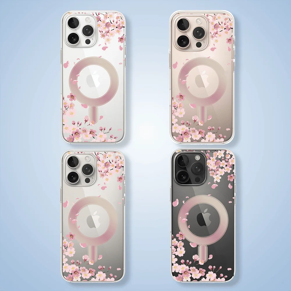 Etui do iPhone 16 Pro, Flower MagSafe, kwiat wiśni, przeźroczyste