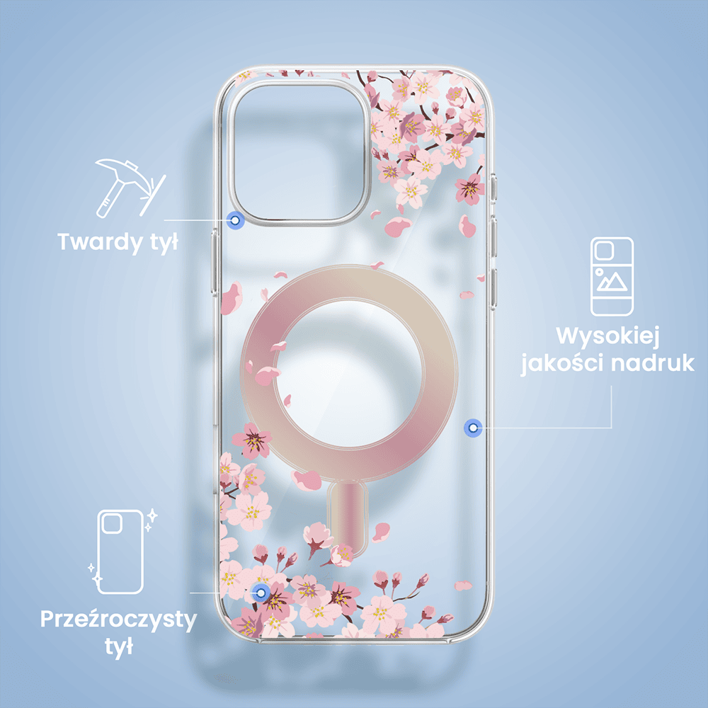 Etui do iPhone 16 Pro, Flower MagSafe, kwiat wiśni, przeźroczyste