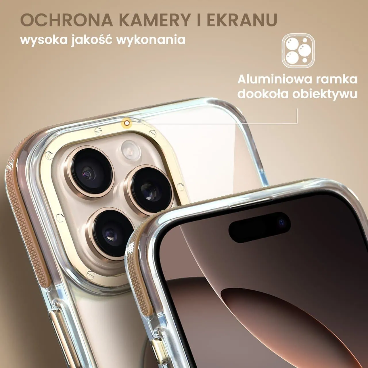 Etui do iPhone 16 Pro Gold Crown, cienkie z MagSafe, krystaliczny tył, złote akcenty, tytan pustynny