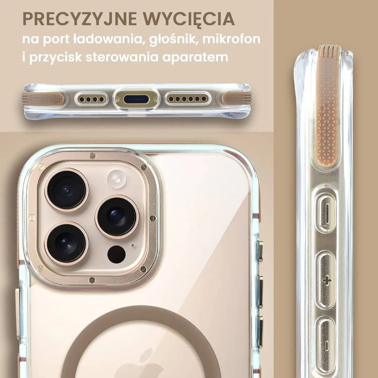 Etui do iPhone 16 Pro Gold Crown, cienkie z MagSafe, krystaliczny tył, złote akcenty, tytan pustynny