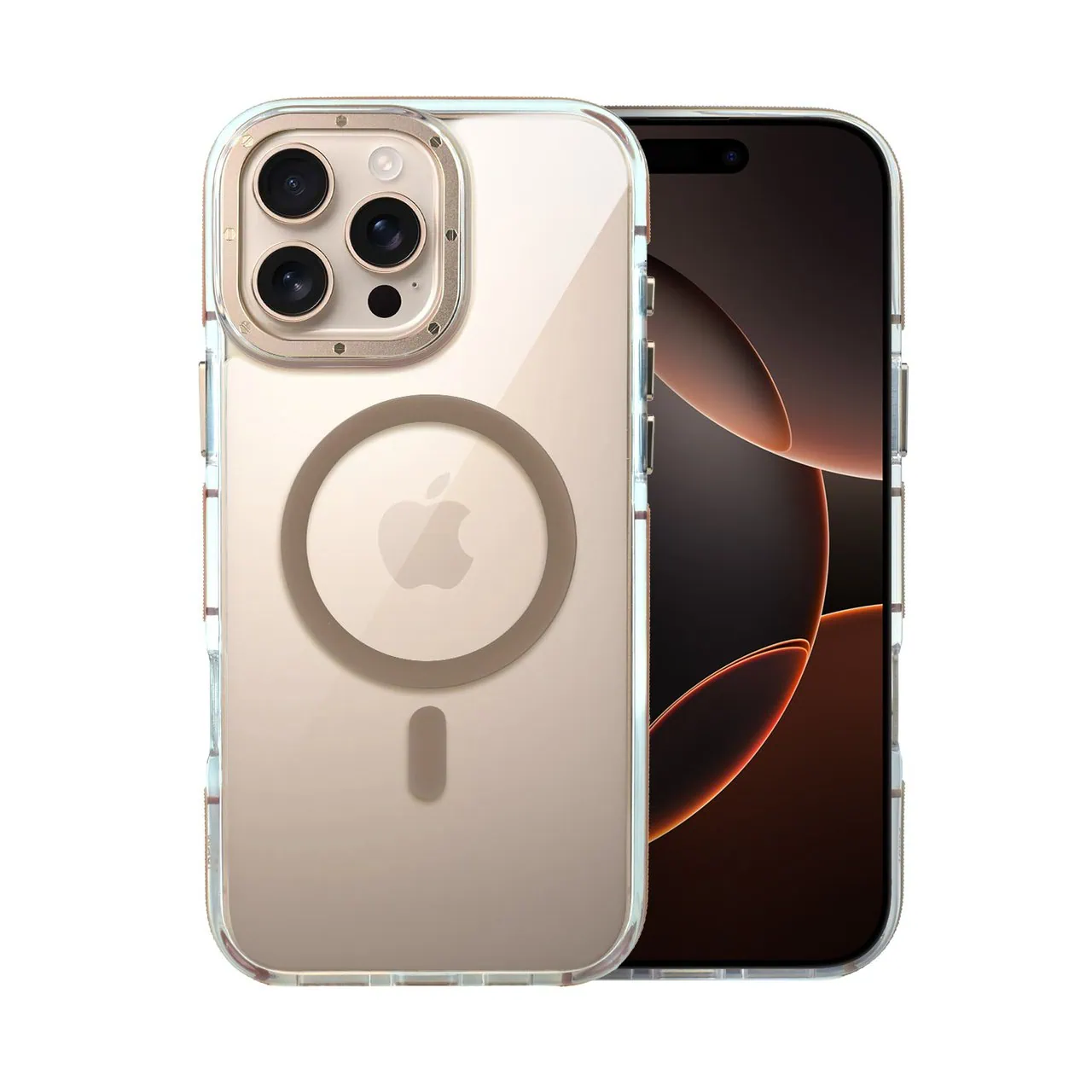 Etui do iPhone 16 Pro Gold Crown, cienkie z MagSafe, krystaliczny tył, złote akcenty, tytan pustynny