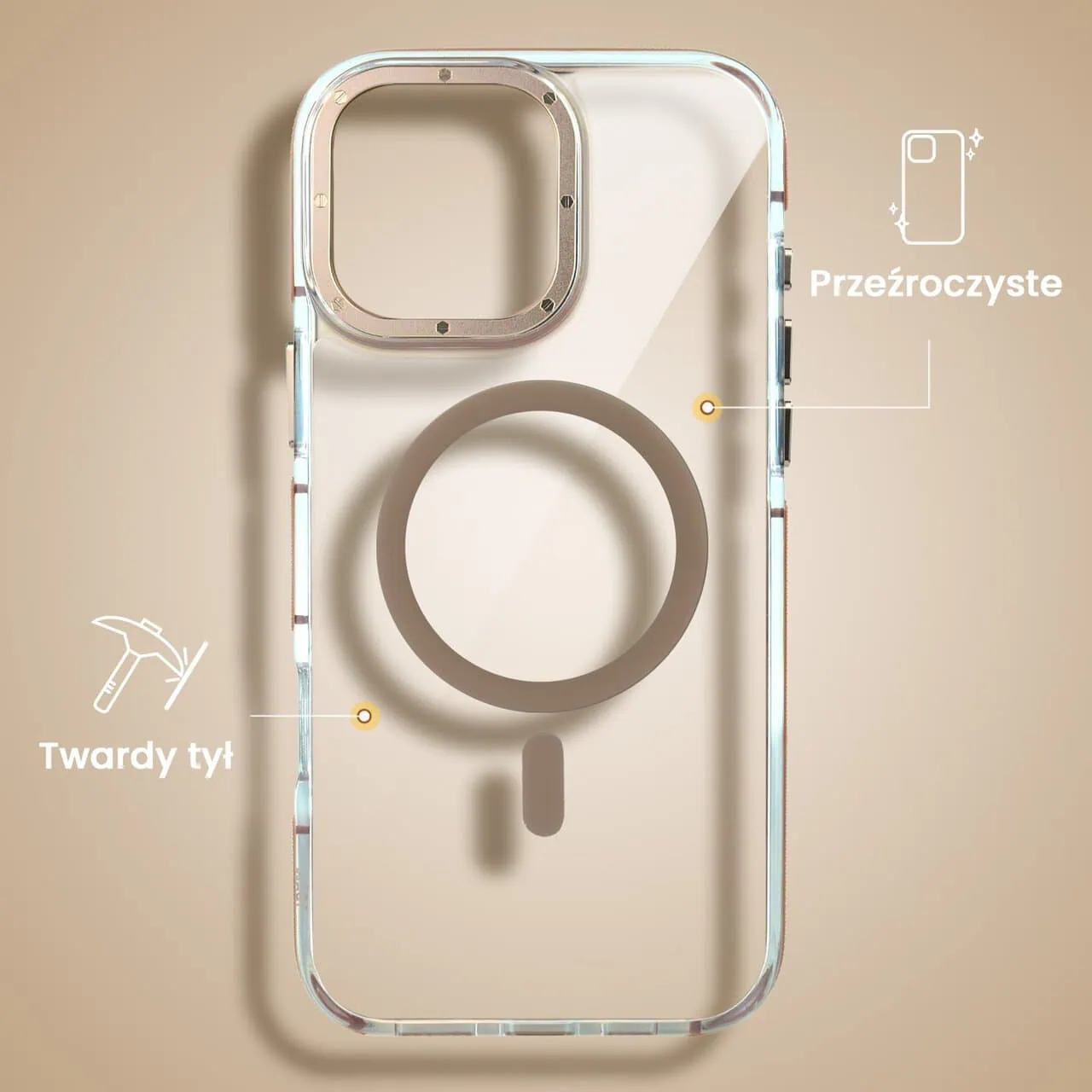 Etui do iPhone 16 Pro Gold Crown, cienkie z MagSafe, krystaliczny tył, złote akcenty, tytan pustynny