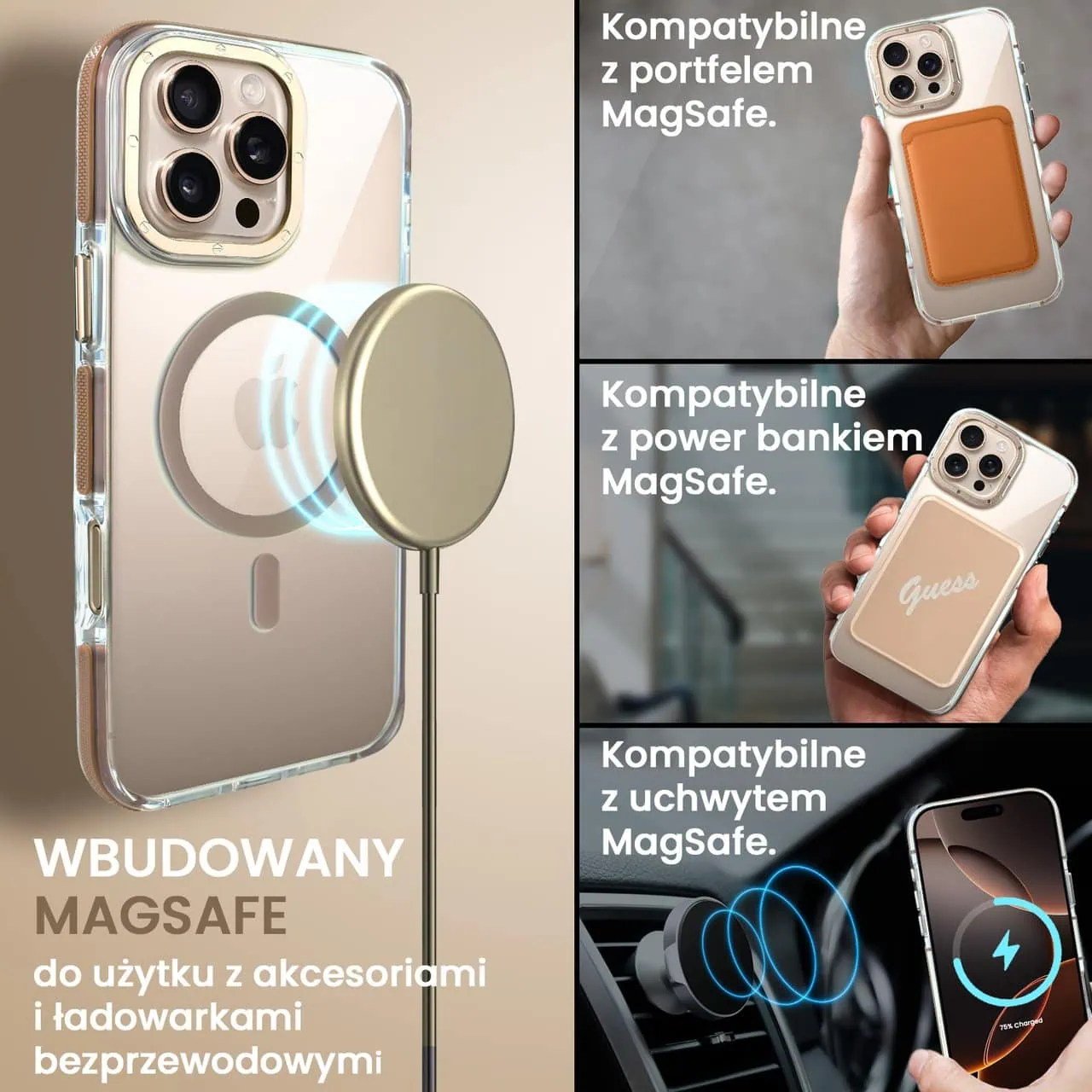 Etui do iPhone 16 Pro Gold Crown, cienkie z MagSafe, krystaliczny tył, złote akcenty, tytan pustynny