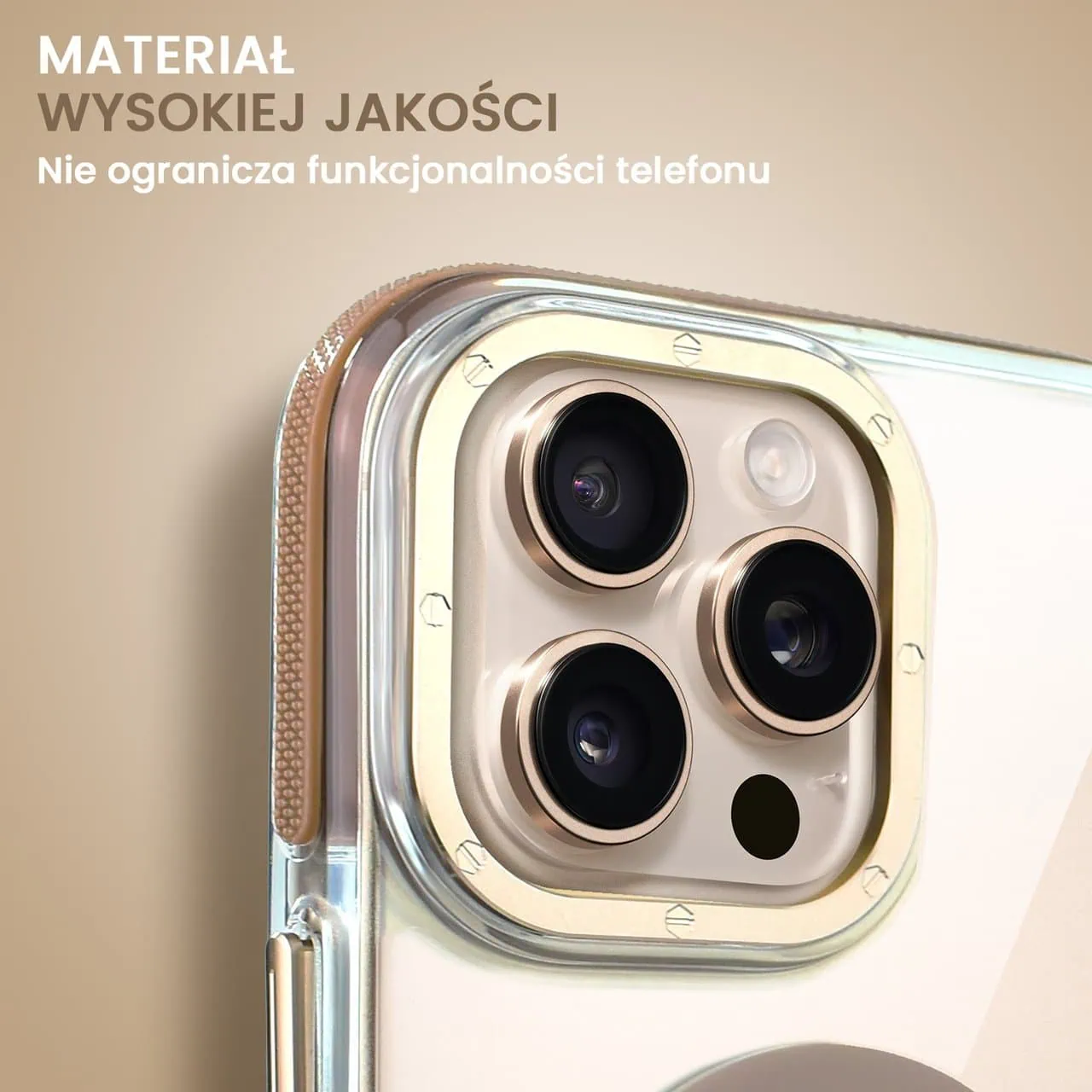 Etui do iPhone 16 Pro Gold Crown, cienkie z MagSafe, krystaliczny tył, złote akcenty, tytan pustynny