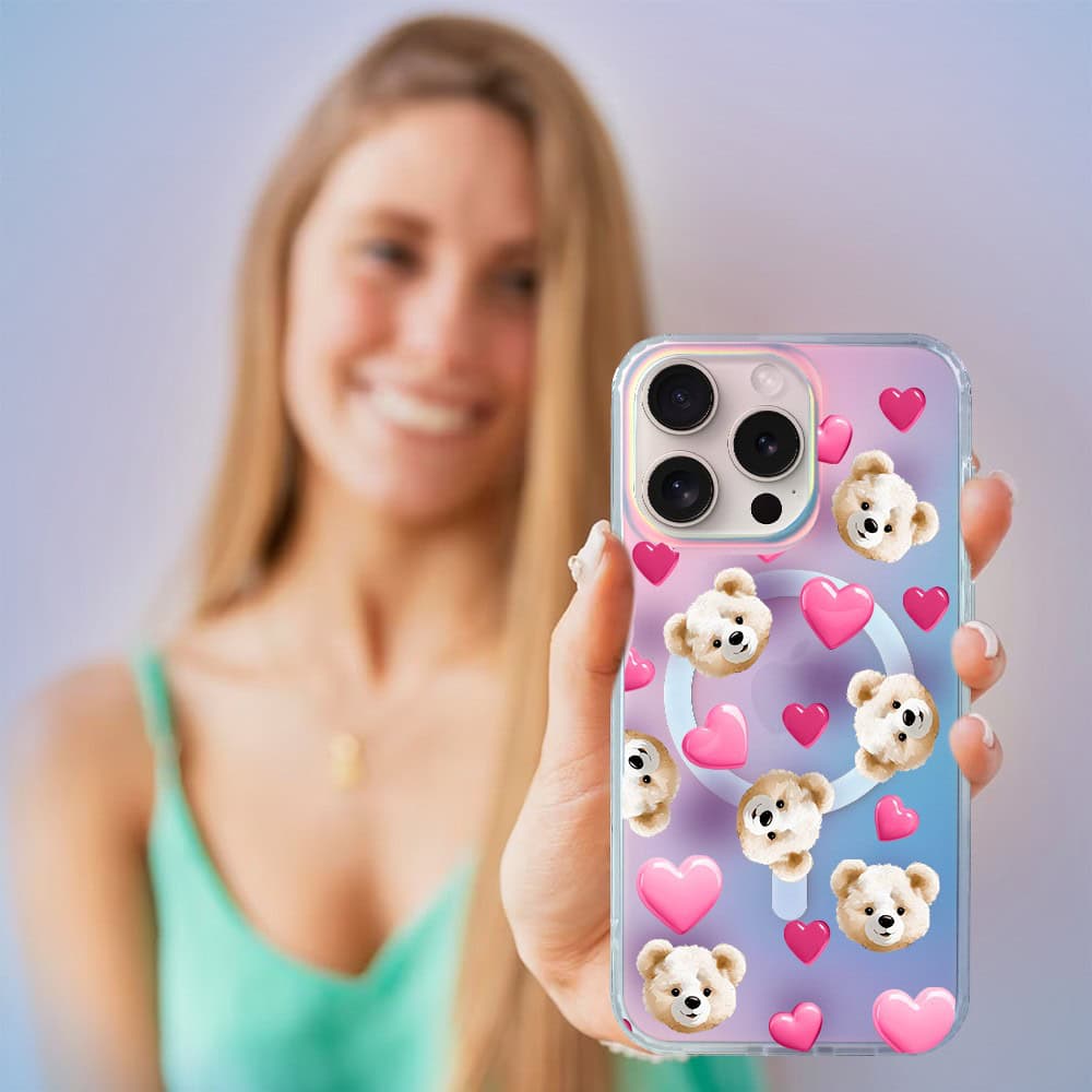 Etui do iPhone 16 Pro Max MagSafe Bear With Me, Love Mood, miś i serduszka, zmieniające kolor