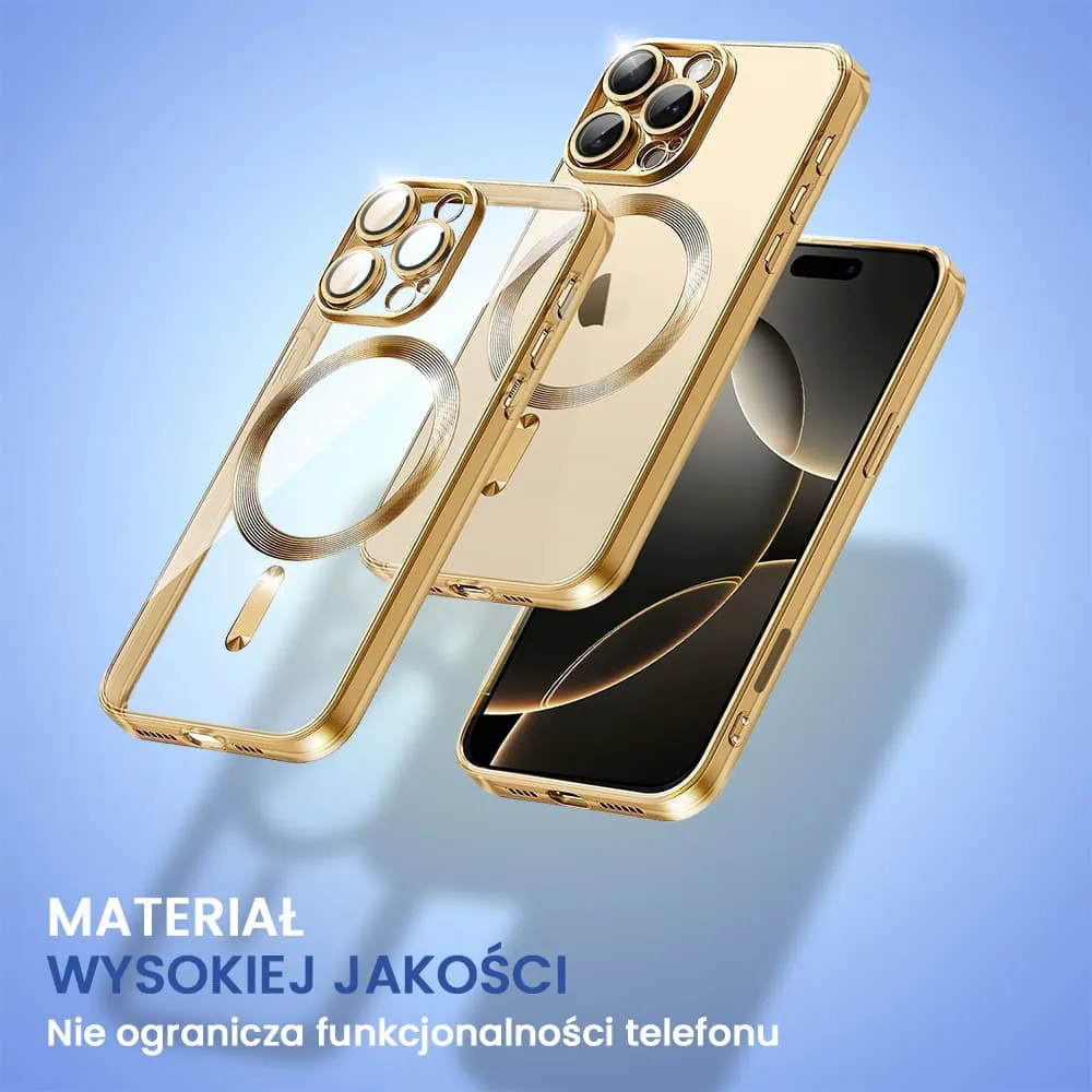 Etui do iPhone 16 Pro Max MagSafe Luxury Protect przeźroczyste, hybrydowa ochrona kamery, złote