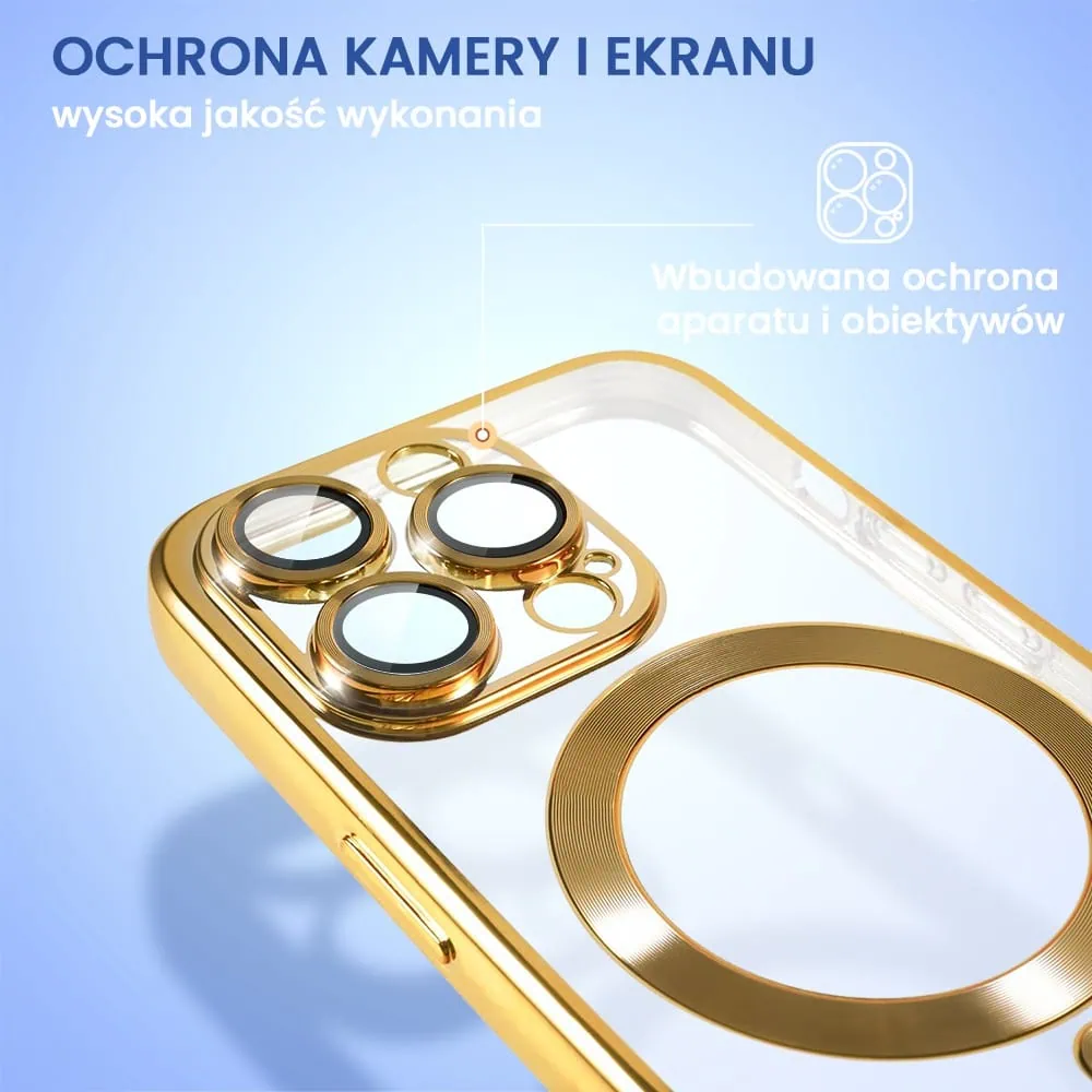 Etui do iPhone 16 Pro Max MagSafe Luxury Protect przeźroczyste, hybrydowa ochrona kamery, złote