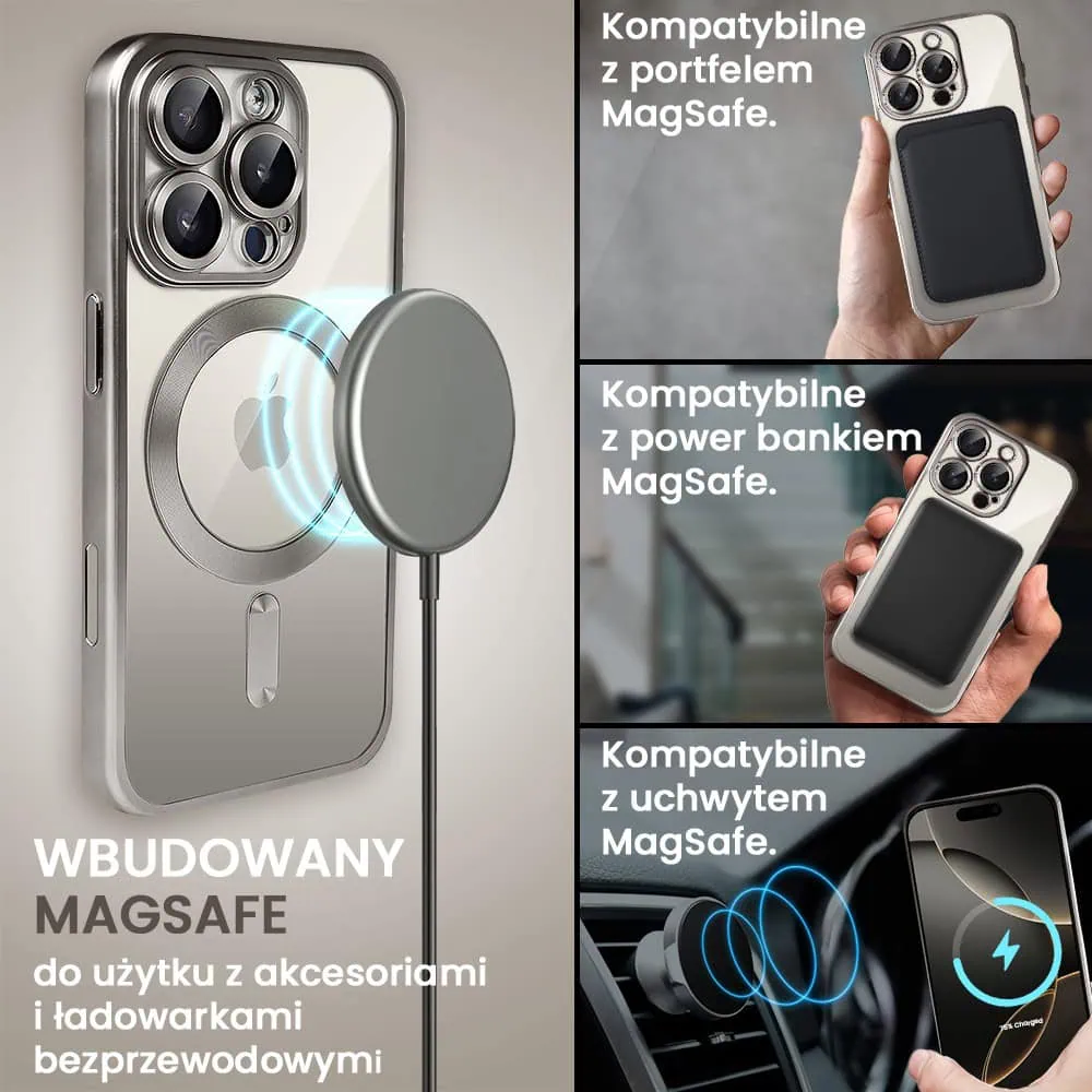 Etui do iPhone 16 Pro Max MagSafe Luxury Protect przeźroczyste, z osłoną aparatu, Titanium Finish, naturalnie tytanowe