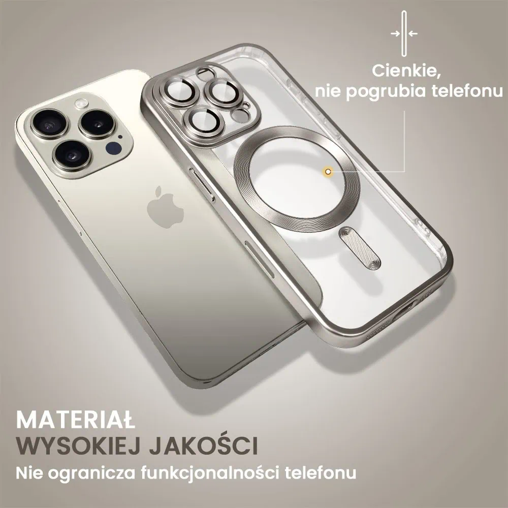 Etui do iPhone 16 Pro Max MagSafe Luxury Protect przeźroczyste, z osłoną aparatu, Titanium Finish, naturalnie tytanowe
