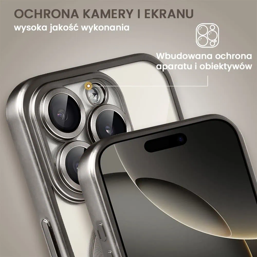 Etui do iPhone 16 Pro Max MagSafe Luxury Protect przeźroczyste, z osłoną aparatu, Titanium Finish, naturalnie tytanowe
