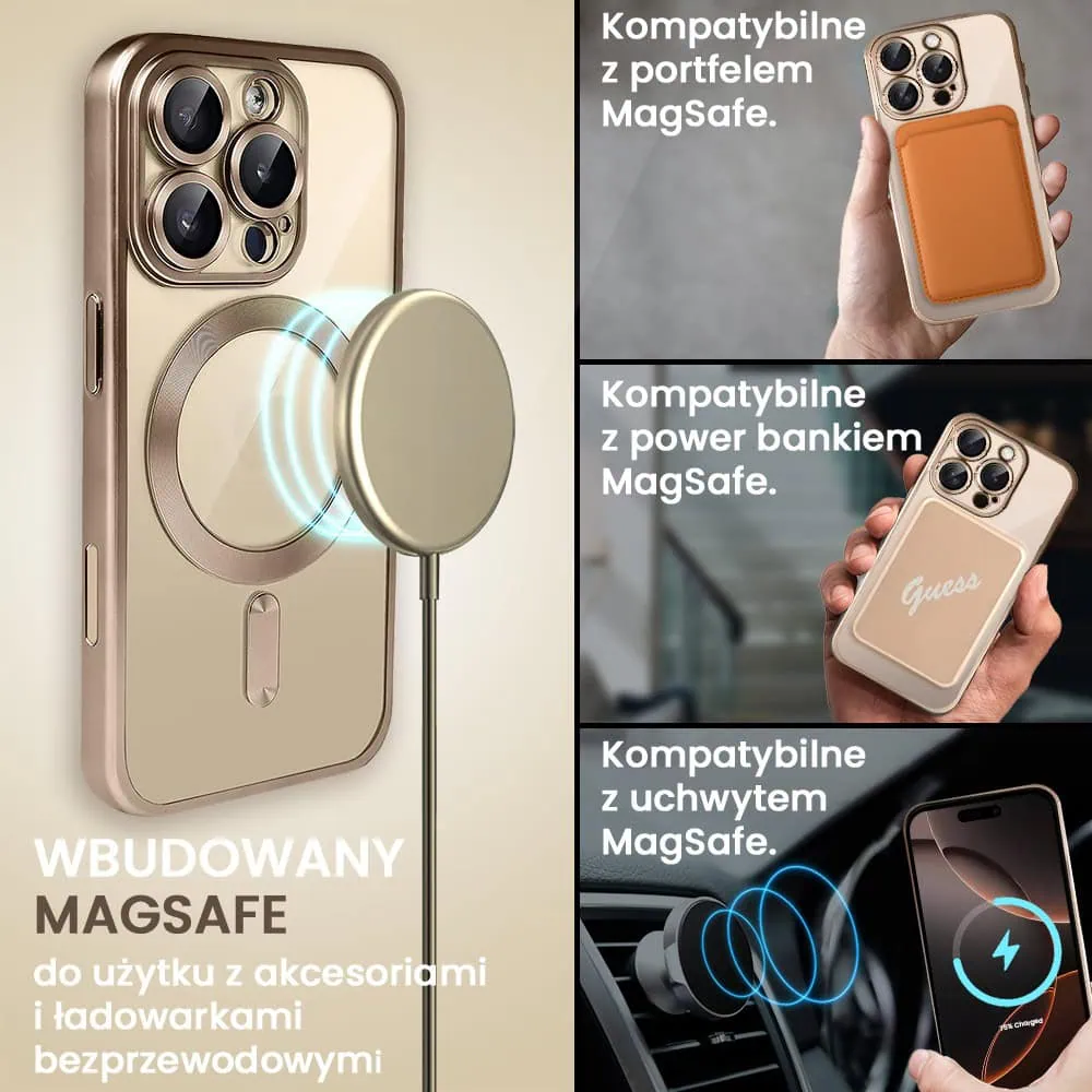 Etui do iPhone 16 Pro MagSafe Luxury Protect przeźroczyste, z osłoną aparatu, Titanium Finish, tytan pustynny