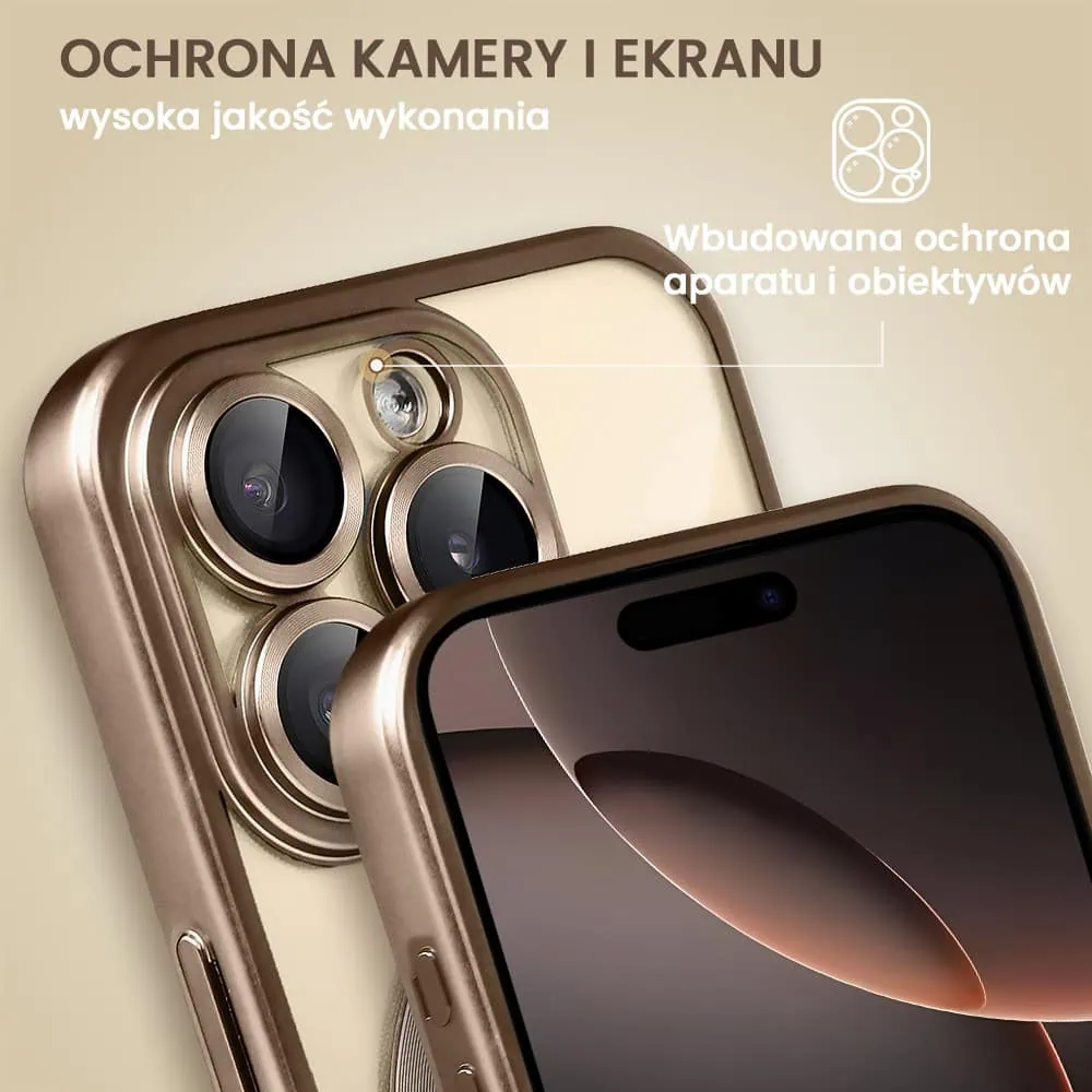 Etui do iPhone 16 Pro MagSafe Luxury Protect przeźroczyste, z osłoną aparatu, Titanium Finish, tytan pustynny