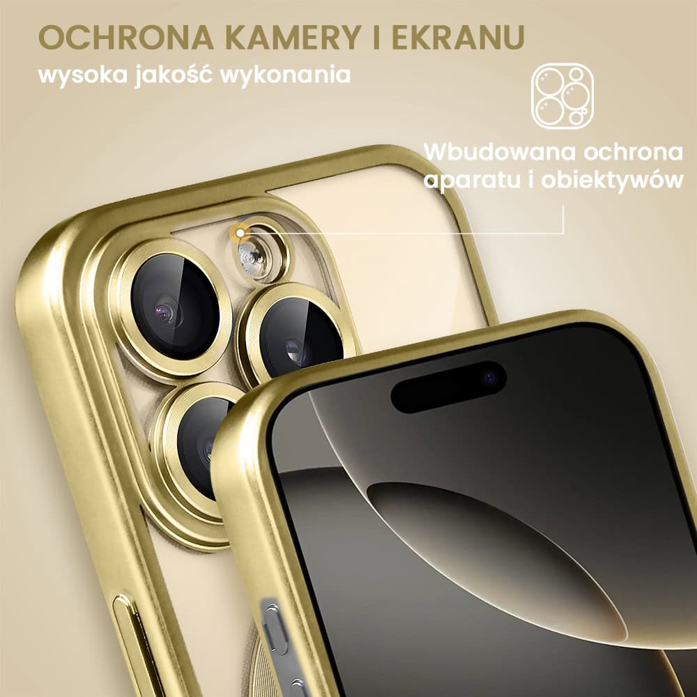 Etui do iPhone 16 Pro Max MagSafe Luxury Protect przeźroczyste, z osłoną aparatu, Titanium Finish, złoty tytan