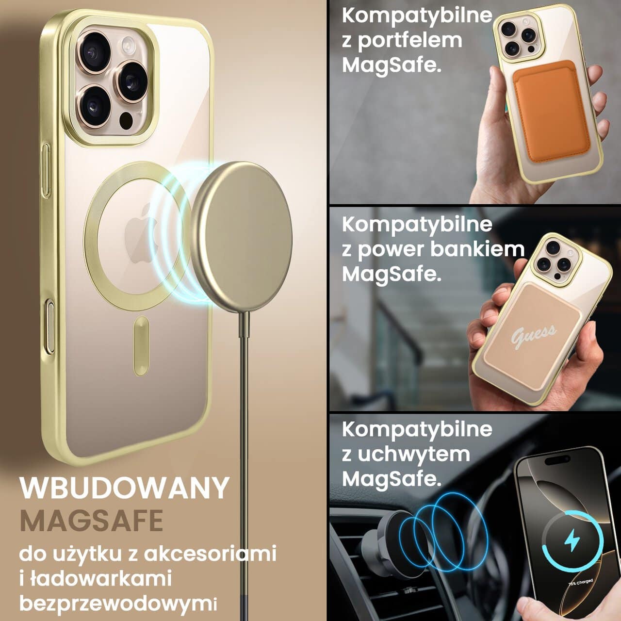 Etui do iPhone 16 Pro MagSafe Luxury Titanium Finish, przeźroczyste, złote