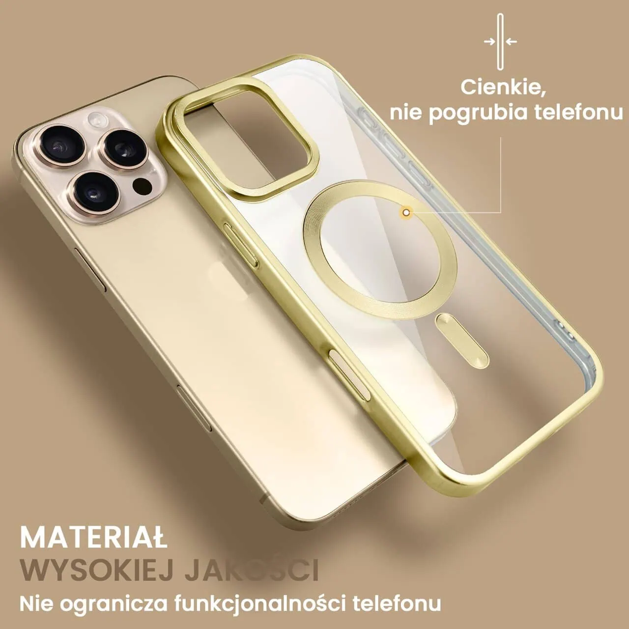 Etui do iPhone 16 Pro MagSafe Luxury Titanium Finish, przeźroczyste, złote