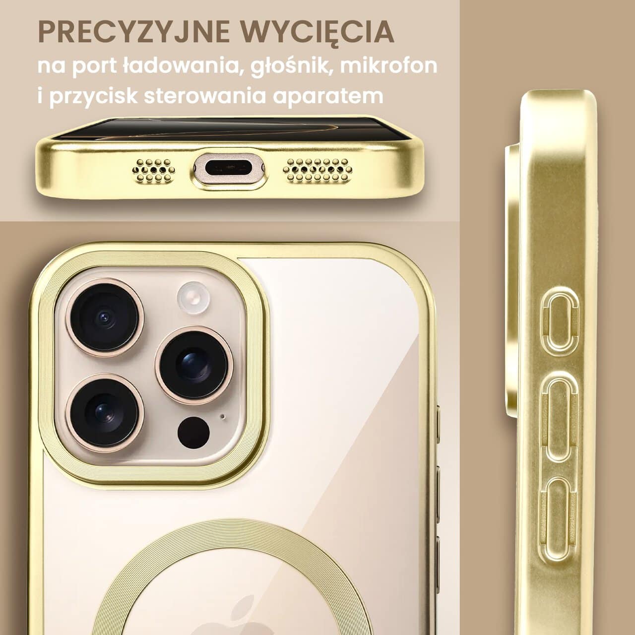 Etui do iPhone 16 Pro MagSafe Luxury Titanium Finish, przeźroczyste, złote