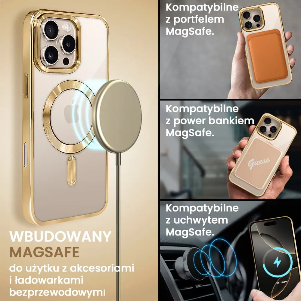 Etui do iPhone 16 Pro MagSafe Luxury, przeźroczyste, złote