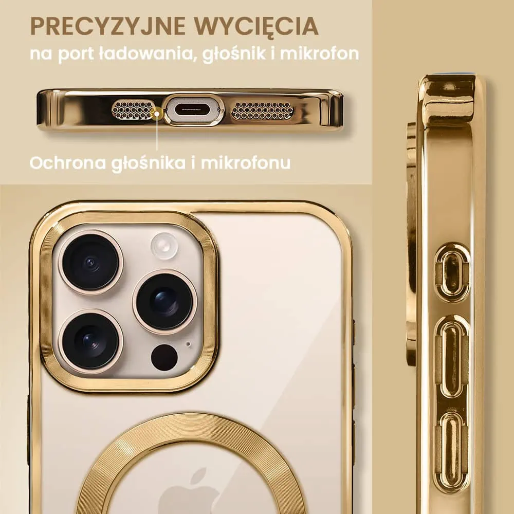 Etui do iPhone 16 Pro MagSafe Luxury, przeźroczyste, złote