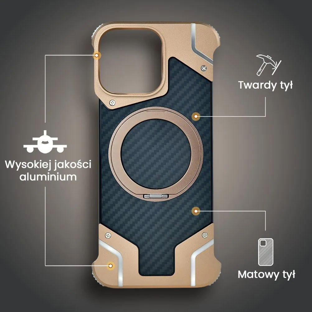 Etui do iPhone 16 Pro MagSafe Carbon Spinal Shield, anti shock, metalowe z podstawką, tytan pustynny