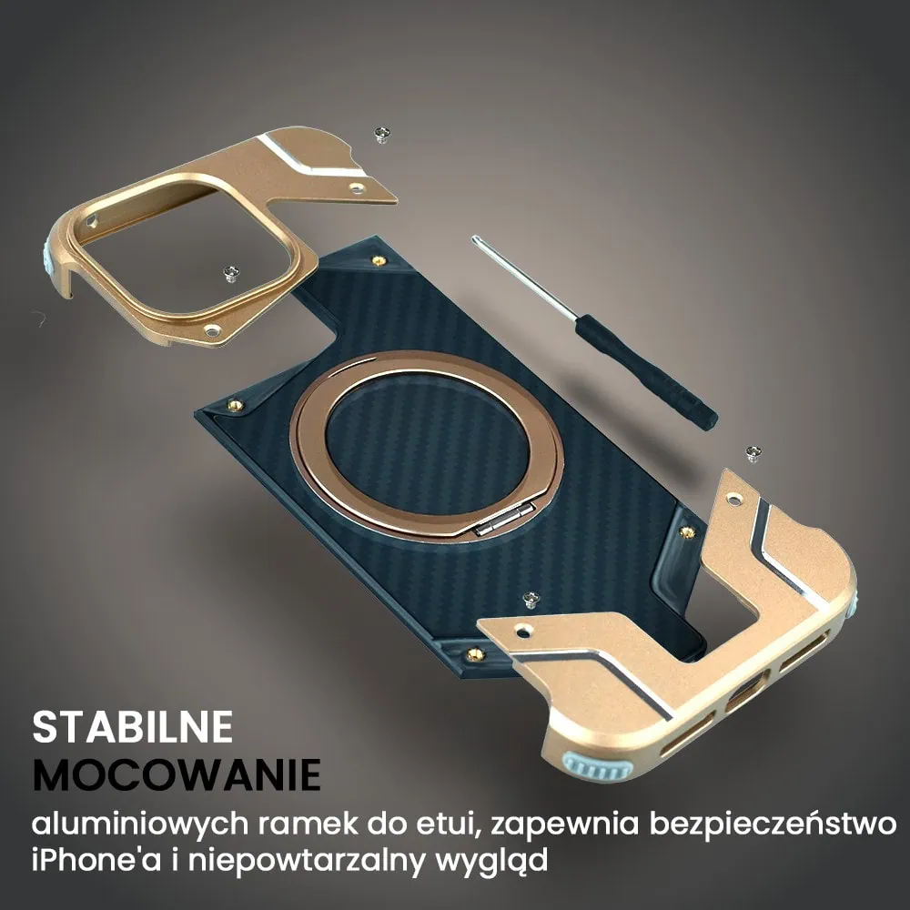 Etui do iPhone 16 Pro MagSafe Carbon Spinal Shield, anti shock, metalowe z podstawką, tytan pustynny